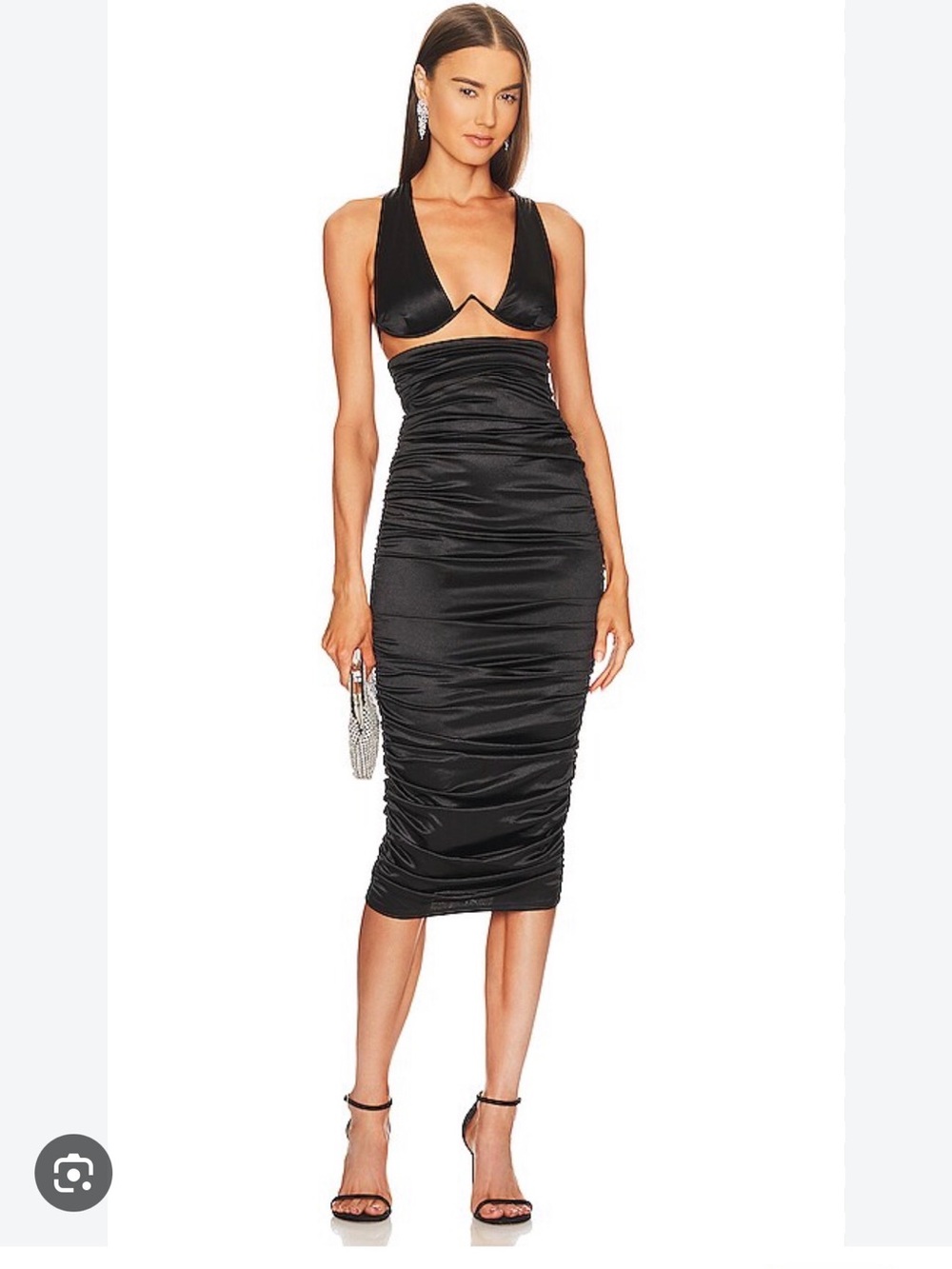 Michael Costello Black Ruched Cutout Midi Dress